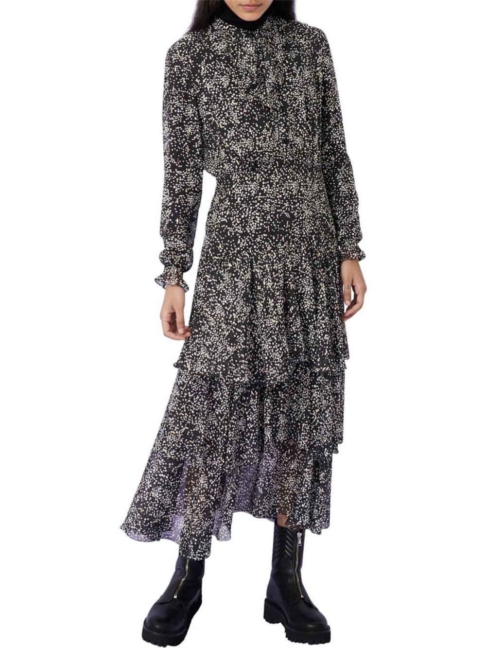 Maje Ruffo Black Printed Tiered Ruffle Midi Maxi Dress